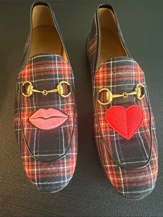 Gucci Other - Gucci Plaid Loafers with Red & Pink Heart Appliqués - tartan shirting/agnello
